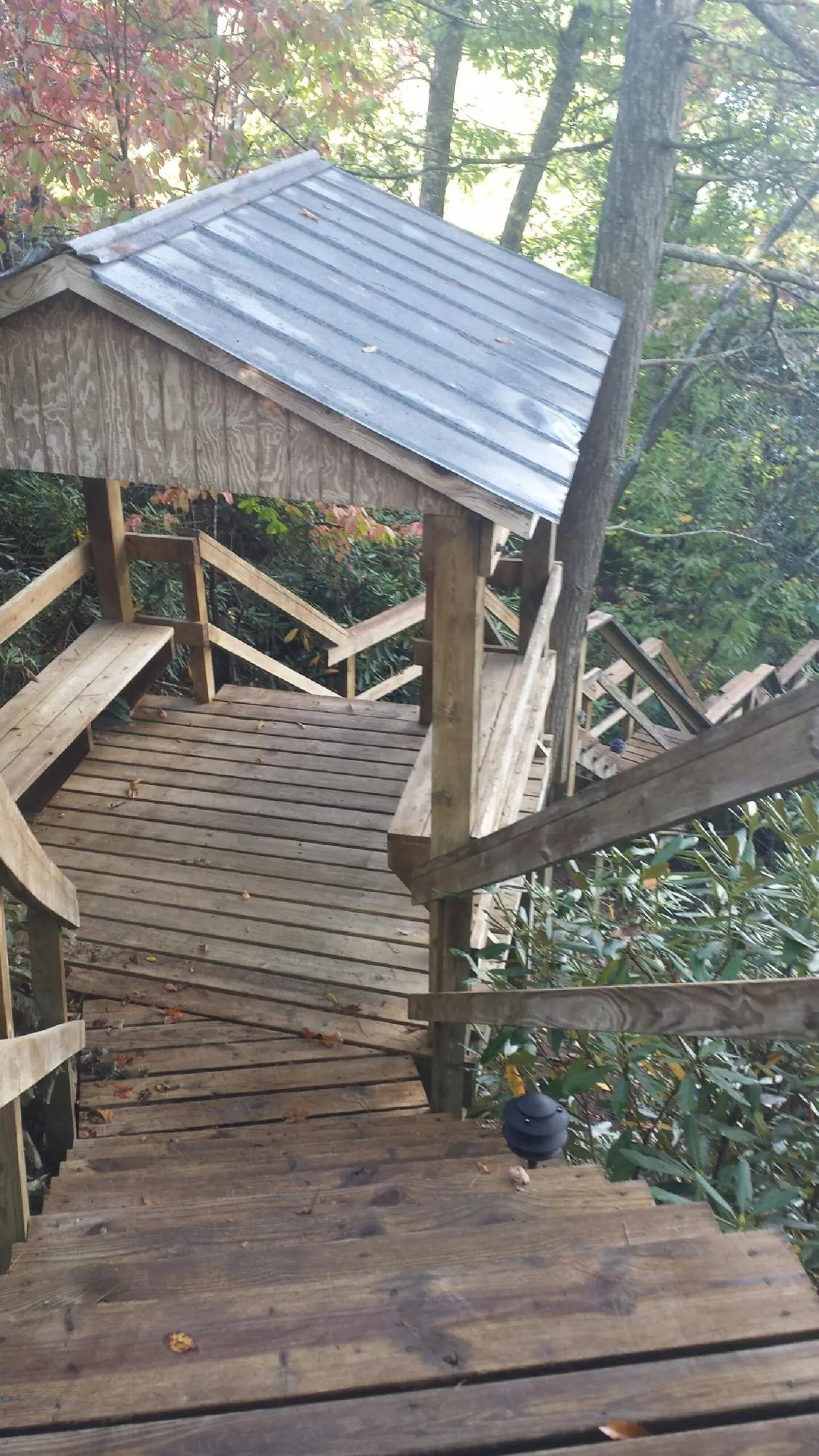 Metal roofed shelter over wooden steps on a wooded walkway — Skylight Repair & Installation work by our crew in Echo